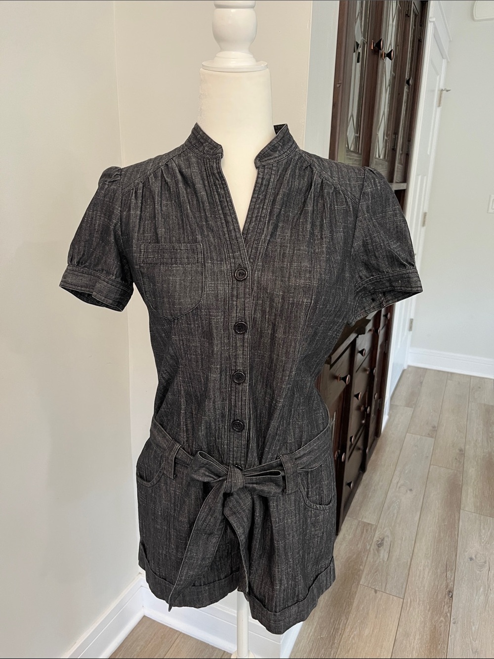 Women’s Denim Short-Sleeve Black Romper with Tie Waist Size: L